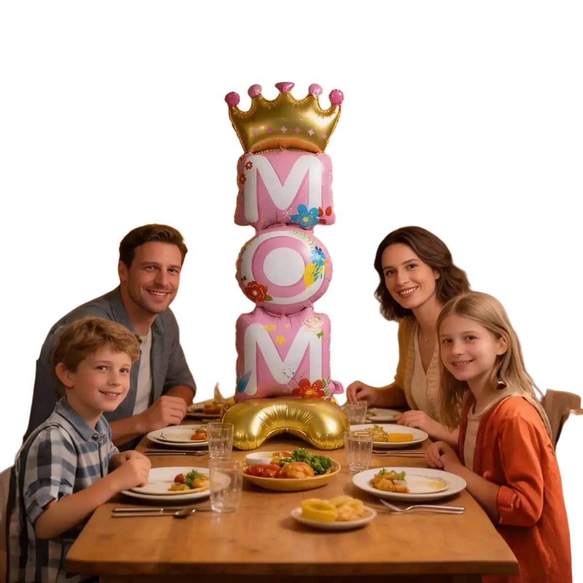 Standing mom foil balloon centerpiece in pink and gold with a crown for Mother Day party decoration