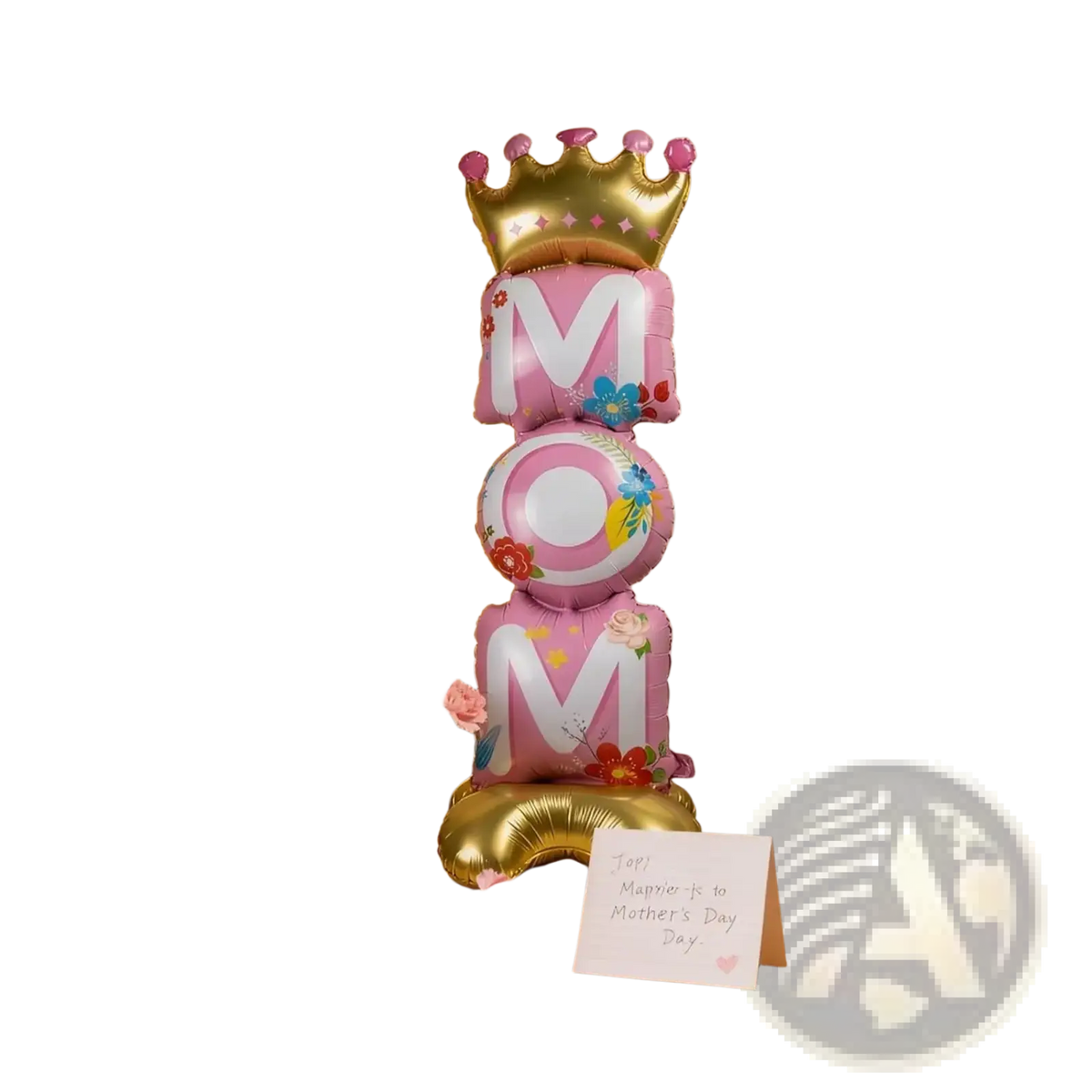 Standing mom foil balloon centerpiece in pink and gold foil with crown and floral designs for mother day party decor