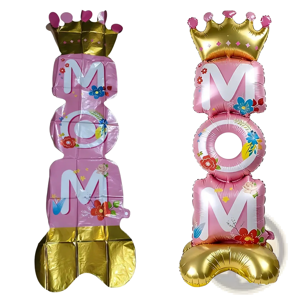Standing mom foil balloon centerpiece in pink and gold with floral designs and crown top for mother day party