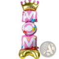 Standing mom foil balloon centerpiece in pink and gold with floral designs and a crown for mother day party decor