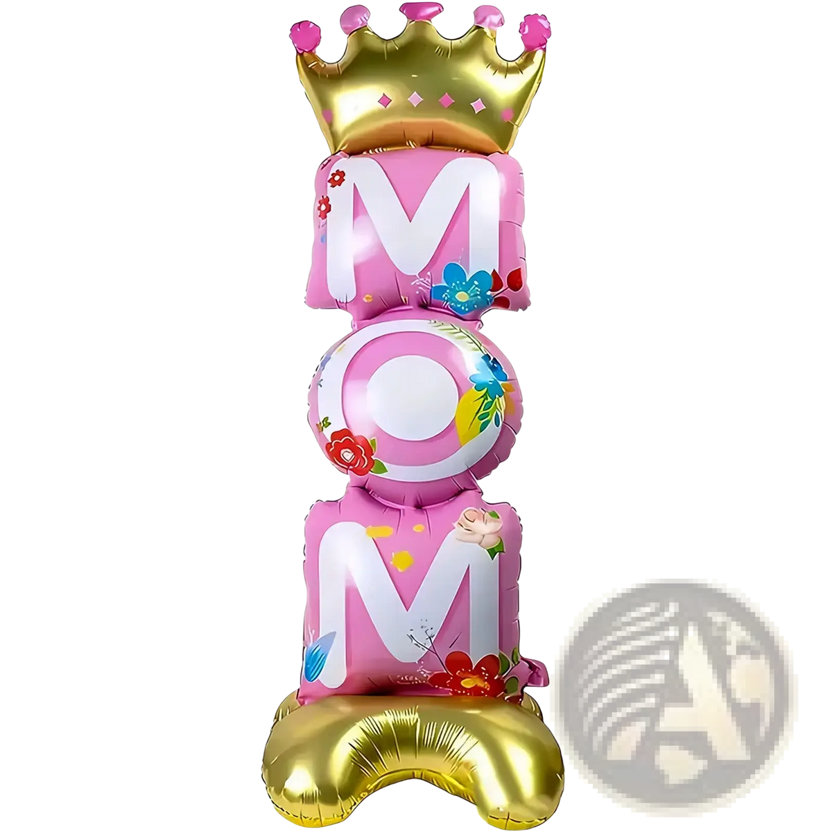 Standing mom foil balloon centerpiece in pink and gold with floral designs and a crown for mother day party decor