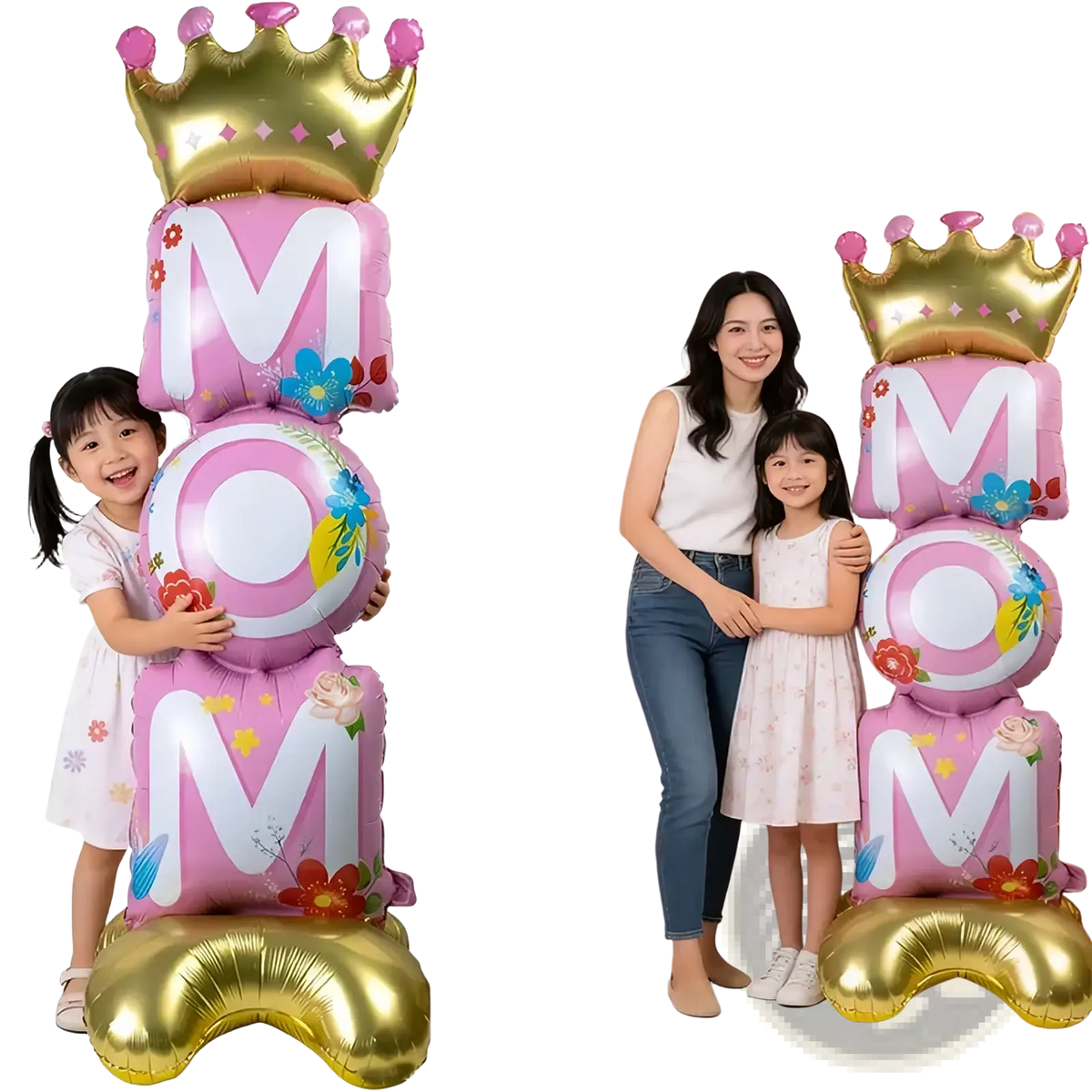 Standing mom foil balloon centerpiece in pink and gold with floral designs and crown top for mother day party