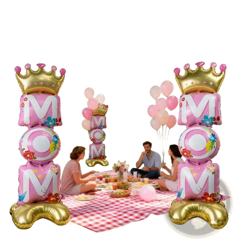 Standing mom foil balloon arches in pink and gold with floral designs and crown tops for Mother Day party decoration