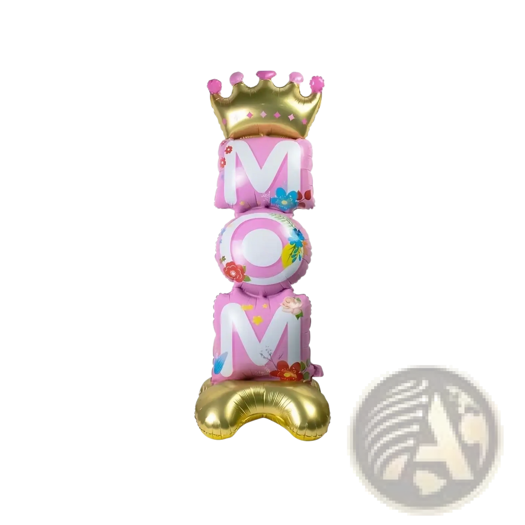 Standing mom foil balloon in pink and gold with floral designs and a golden crown for mother day party decoration