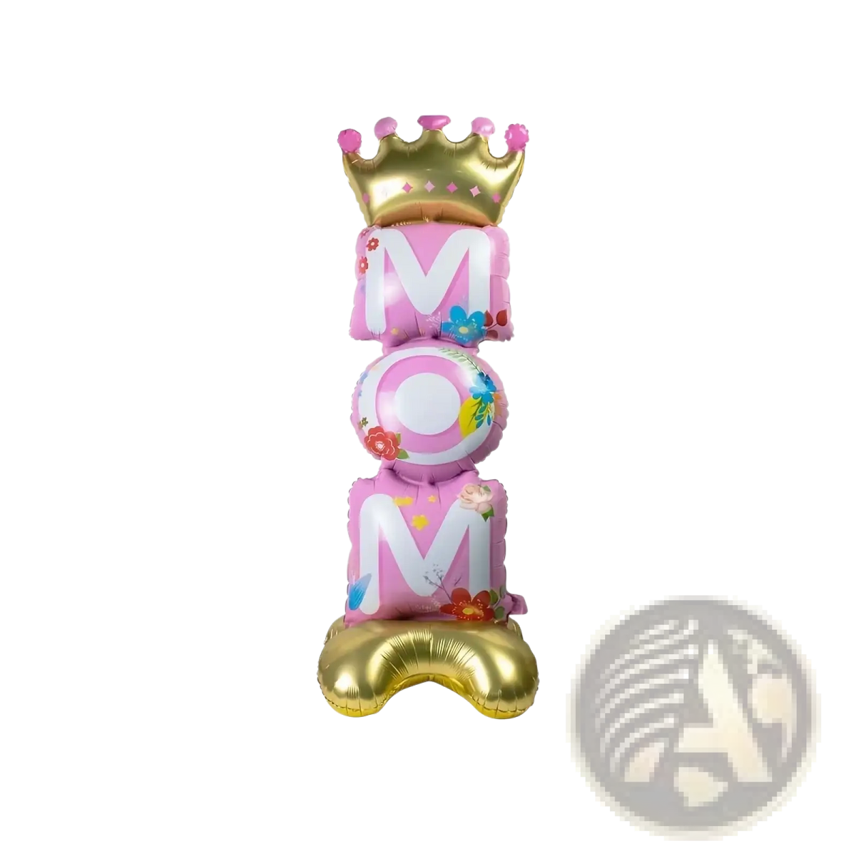 Standing mom foil balloon in pink and gold with floral designs and a golden crown for mother day party decoration