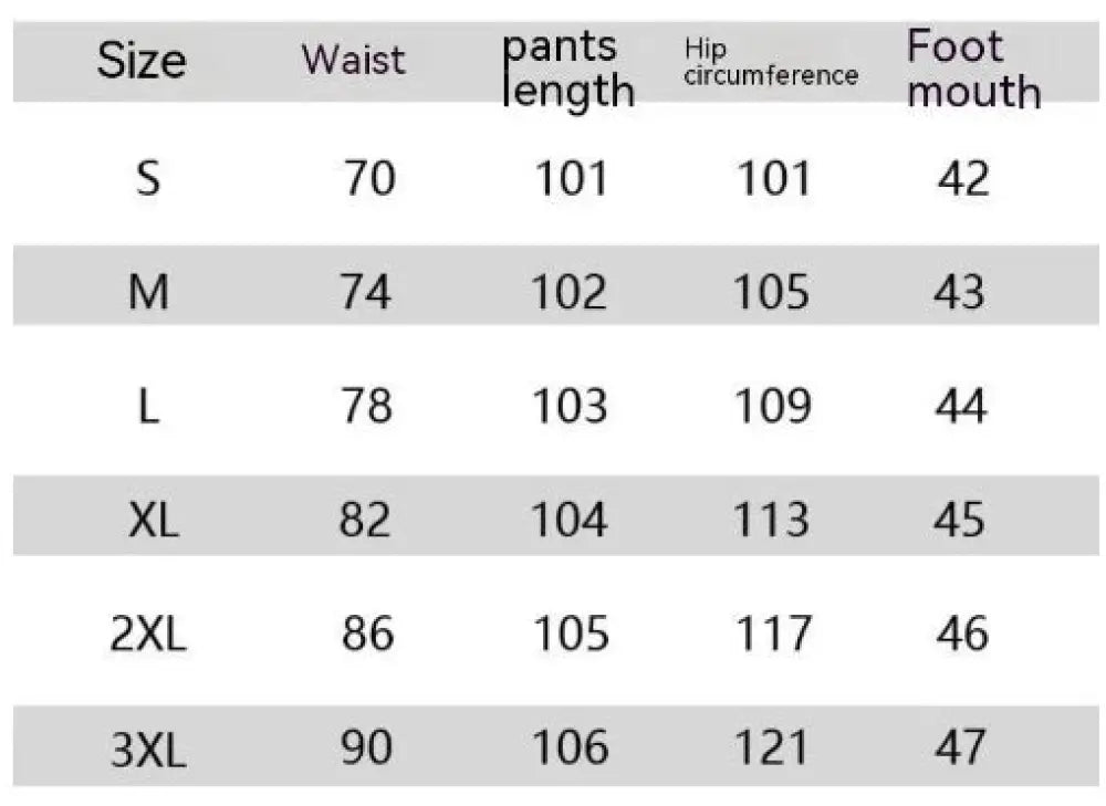 Size chart displaying inch measurements for men’s y2k star applique baggy streetwear jeans in sizes s to 3xl