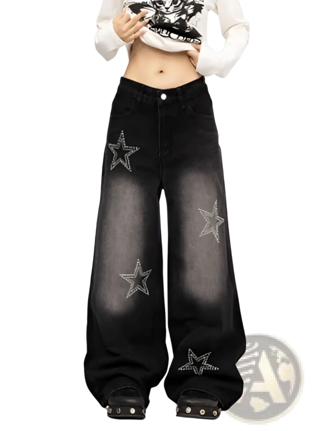 Star lace patchwork black wide leg jeans featuring sparkling silver star embellishments on premium denim
