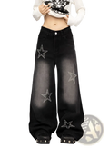 Star lace patchwork black wide leg jeans featuring sparkling silver star embellishments on premium denim
