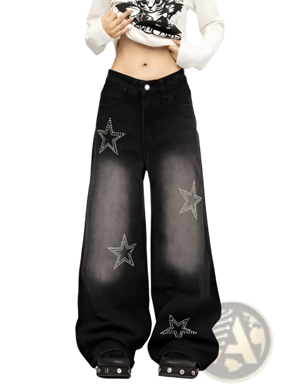 Star lace patchwork black wide leg jeans featuring sparkling silver star embellishments on premium denim