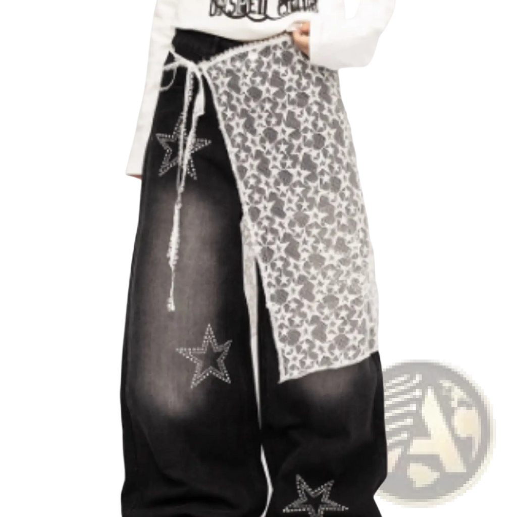 Black denim wide leg jeans with sheer star-patterned lace overlay and rhinestone-studded stars front view