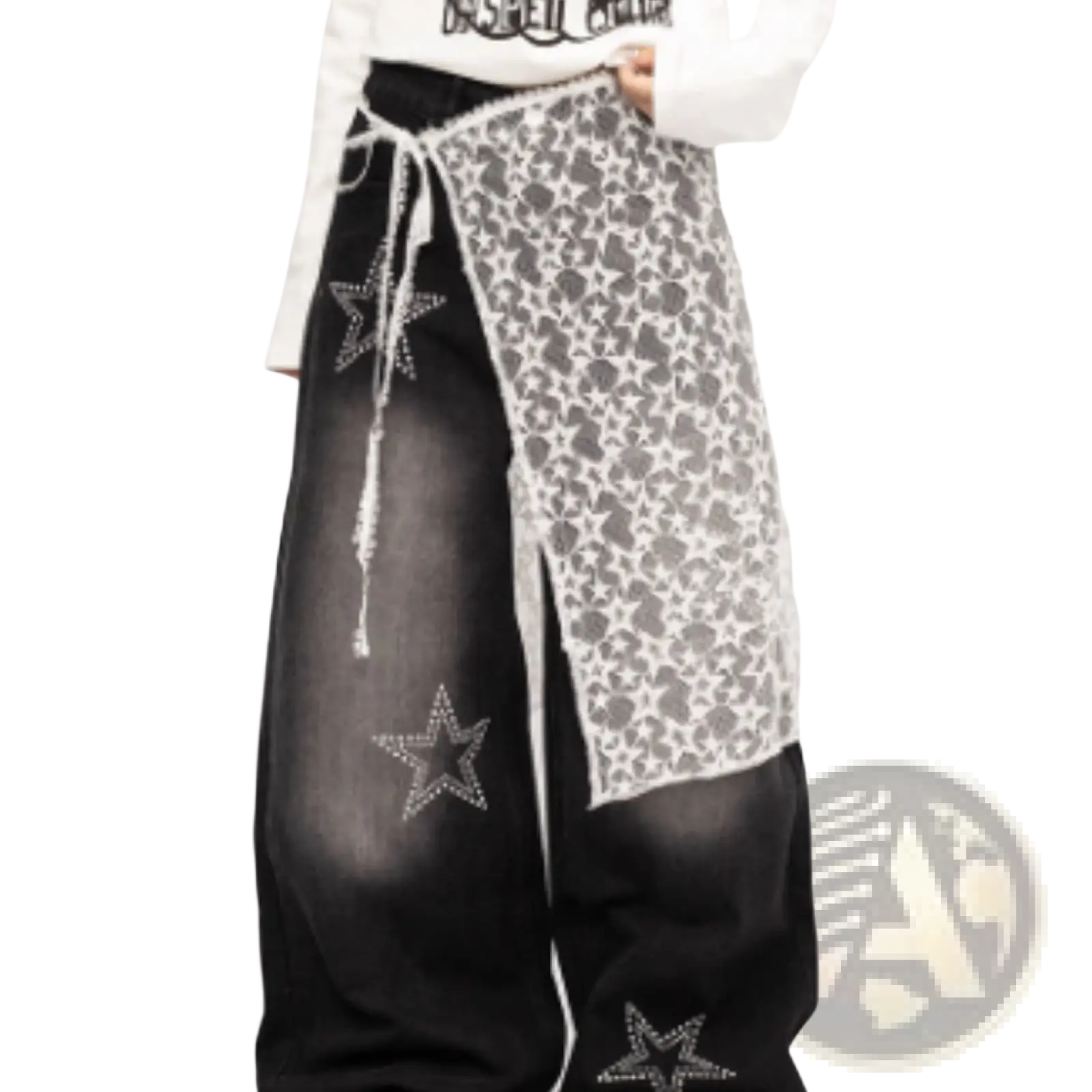 Black denim wide leg jeans with sheer star-patterned lace overlay and rhinestone-studded stars front view