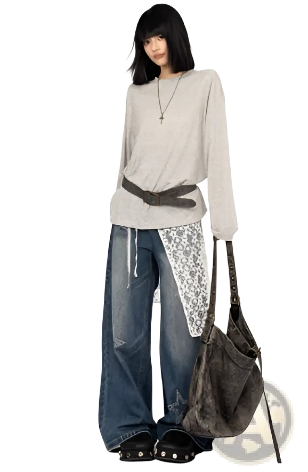 A muted gray textured shoulder bag with slouchy silhouette and stitching details paired with star lace patchwork black wide leg jeans
