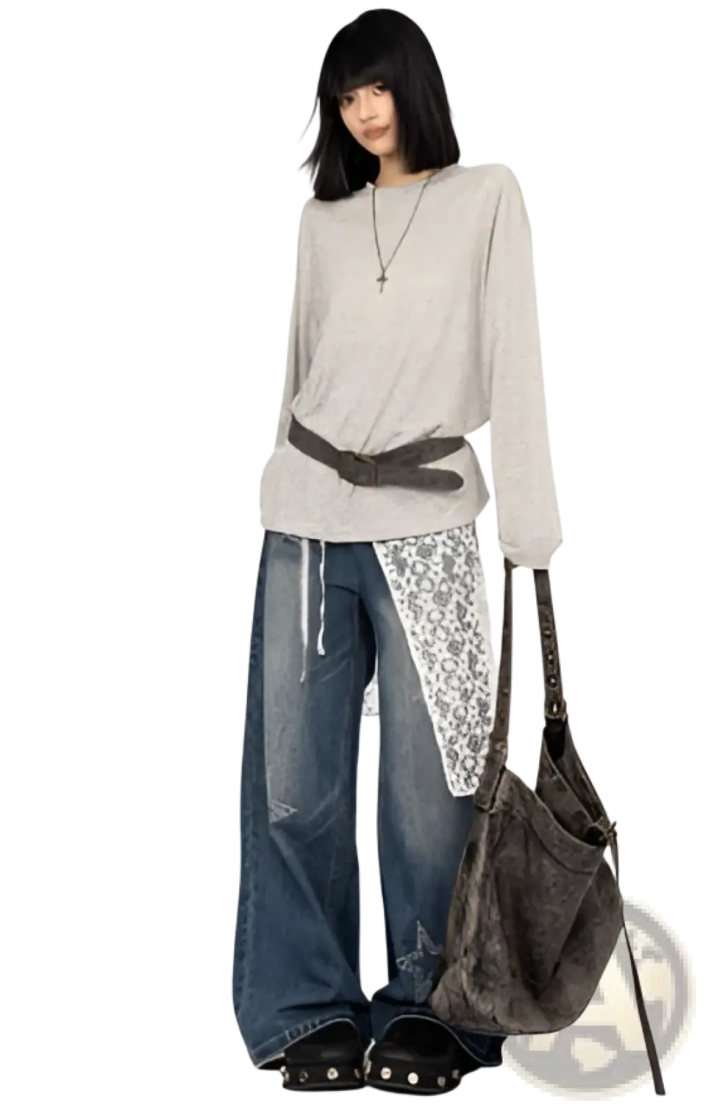 A muted gray textured shoulder bag with slouchy silhouette and stitching details paired with star lace patchwork black wide leg jeans