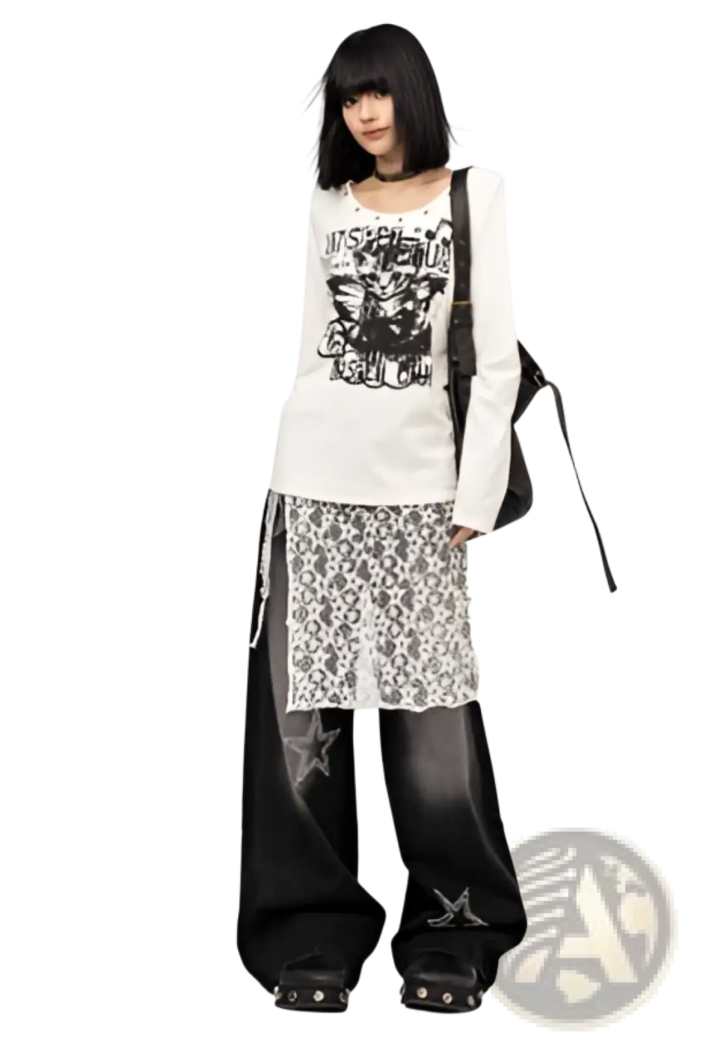 Black star-patterned wide-leg jeans with sheer lace overlay paired with studded footwear visible from the front