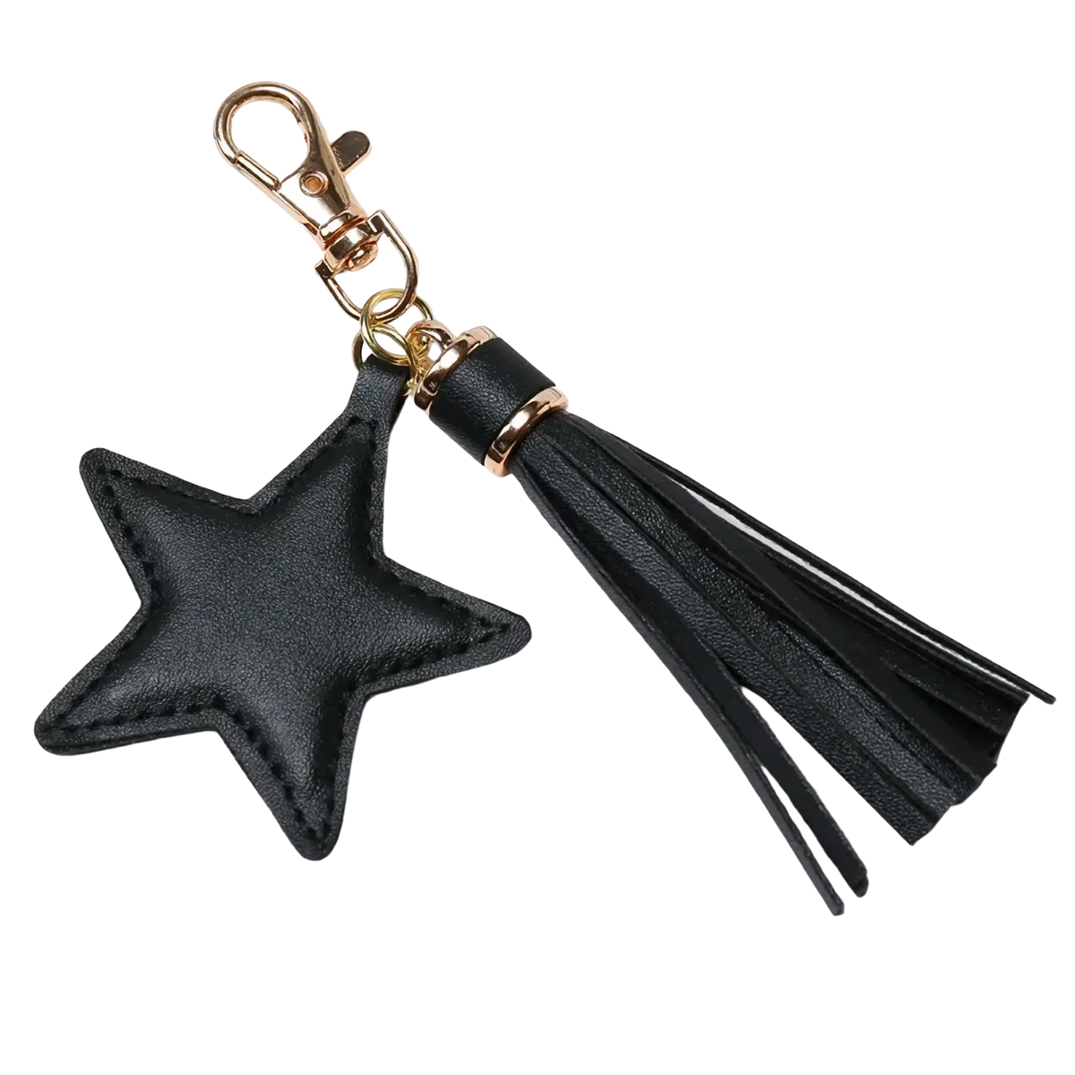 Star leather tassel keychain for women featuring a black star-shaped leather piece with gold-tone clasp and tassel