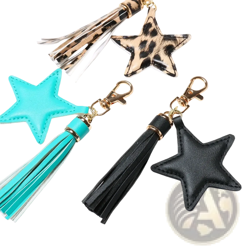 Star leather tassel keychain for women featuring black star-shaped leather and matching black tassel with gold hardware