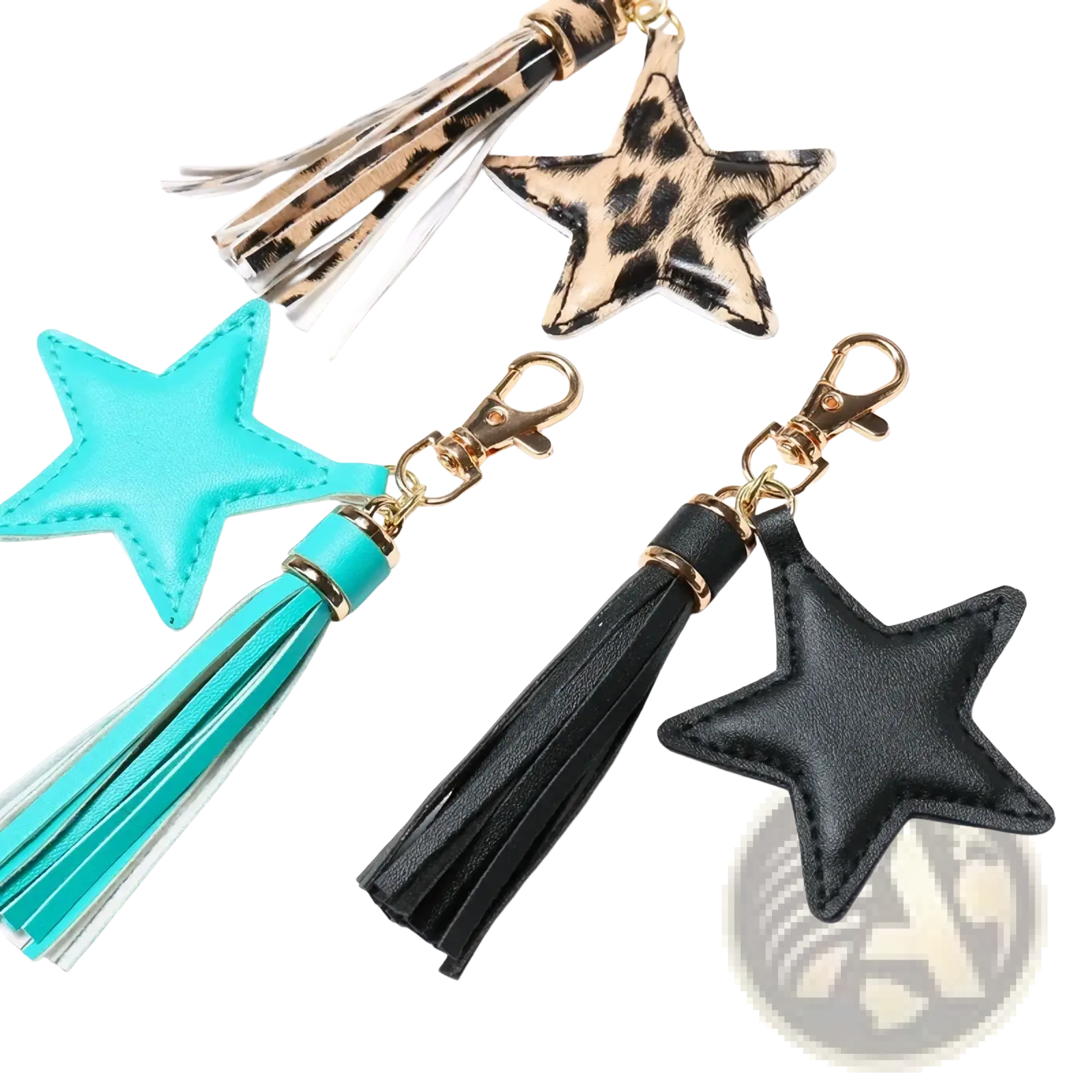 Star leather tassel keychain for women featuring black star-shaped leather and matching black tassel with gold hardware