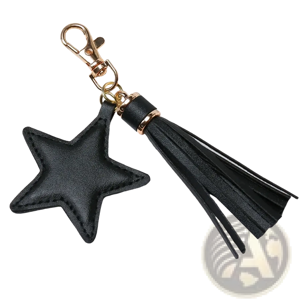 Star leather tassel keychain for women featuring a black star-shaped leather piece with gold-tone clasp and tassel