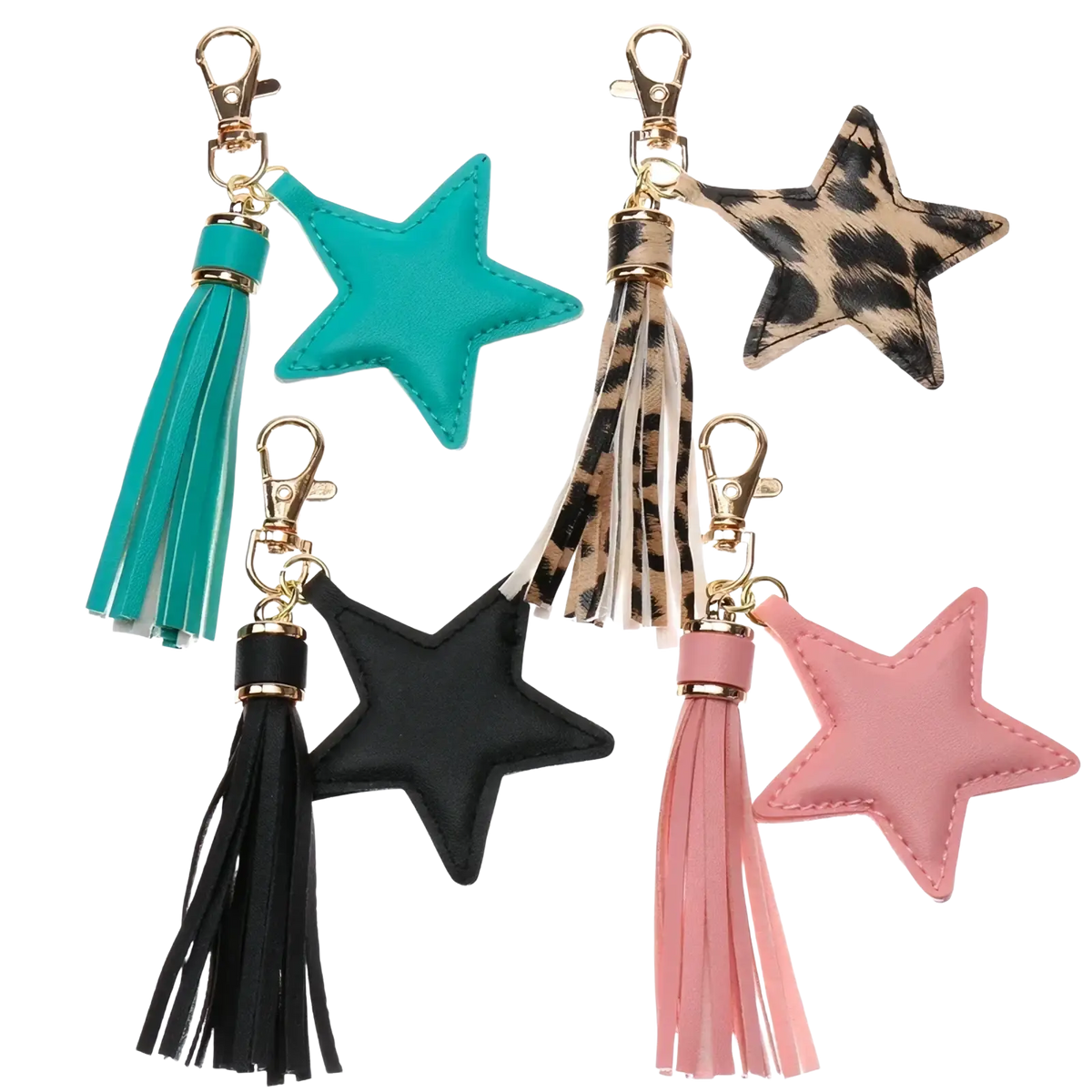 Five star leather tassel keychains for women with solid color and leopard print faux leather and gold-tone clasps
