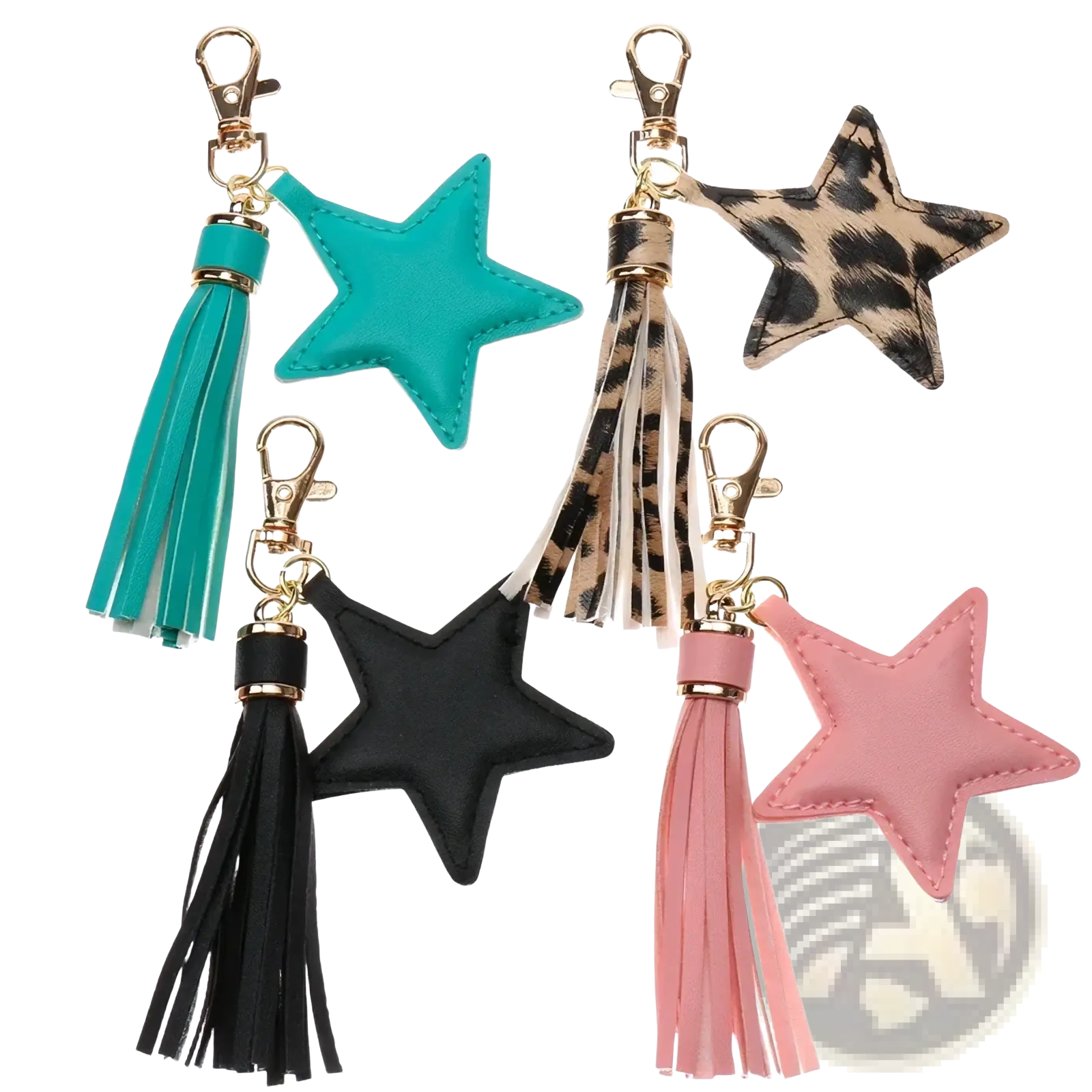 Five star leather tassel keychains for women with solid color and leopard print faux leather and gold-tone clasps