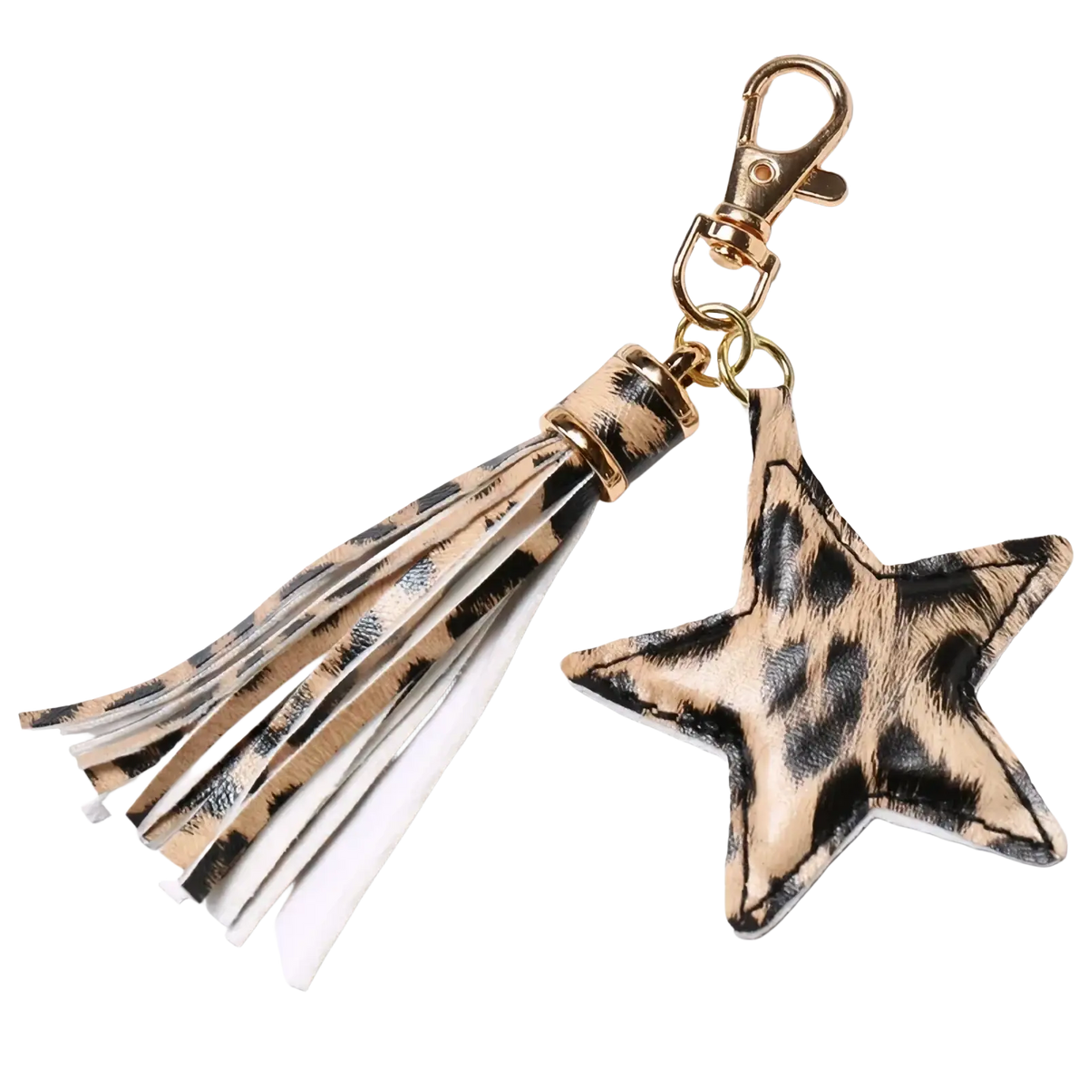 Star leather tassel keychain for women featuring leopard-print star shape, gold-tone clasp, and faux leather straps