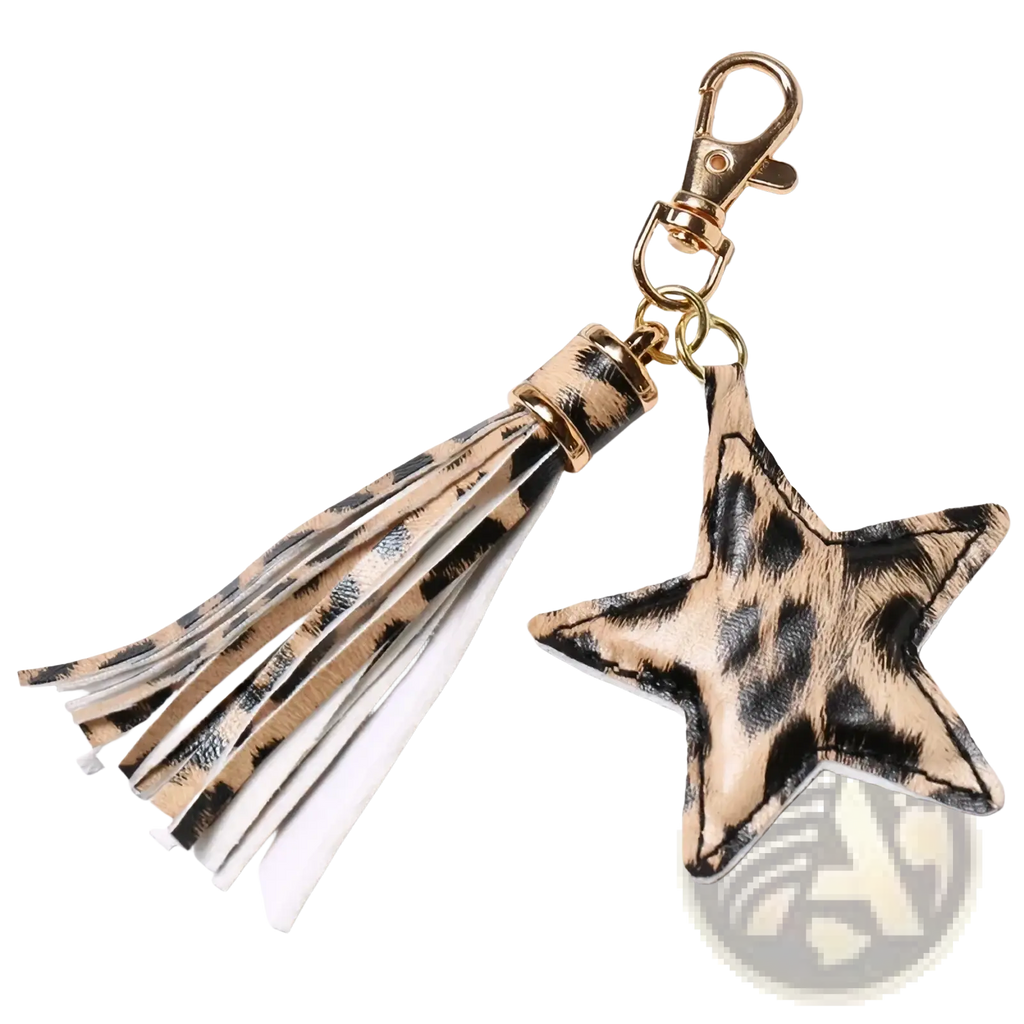 Star leather tassel keychain for women featuring leopard-print star shape, gold-tone clasp, and faux leather straps