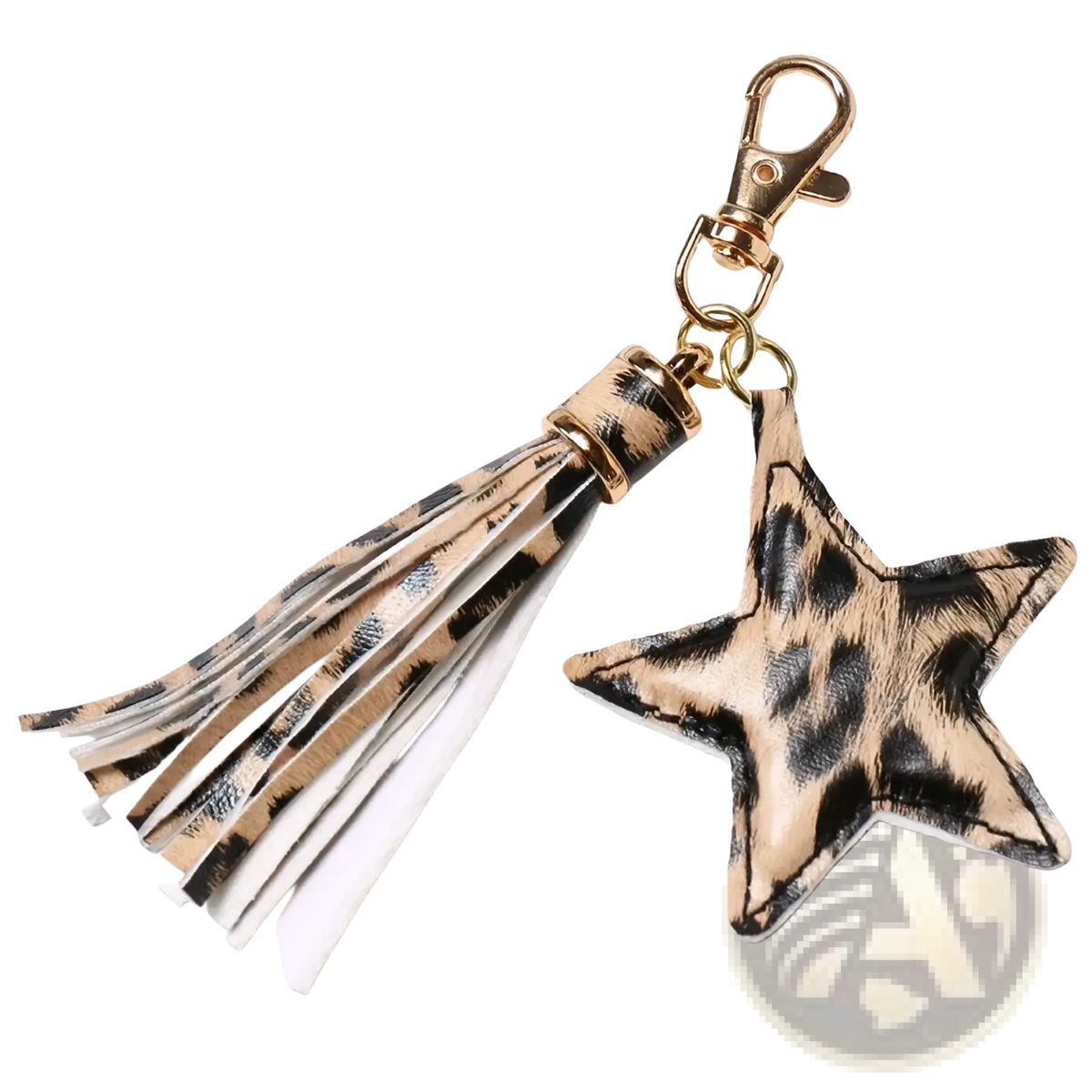 Star leather tassel keychain for women featuring leopard-print star shape, gold-tone clasp, and faux leather straps