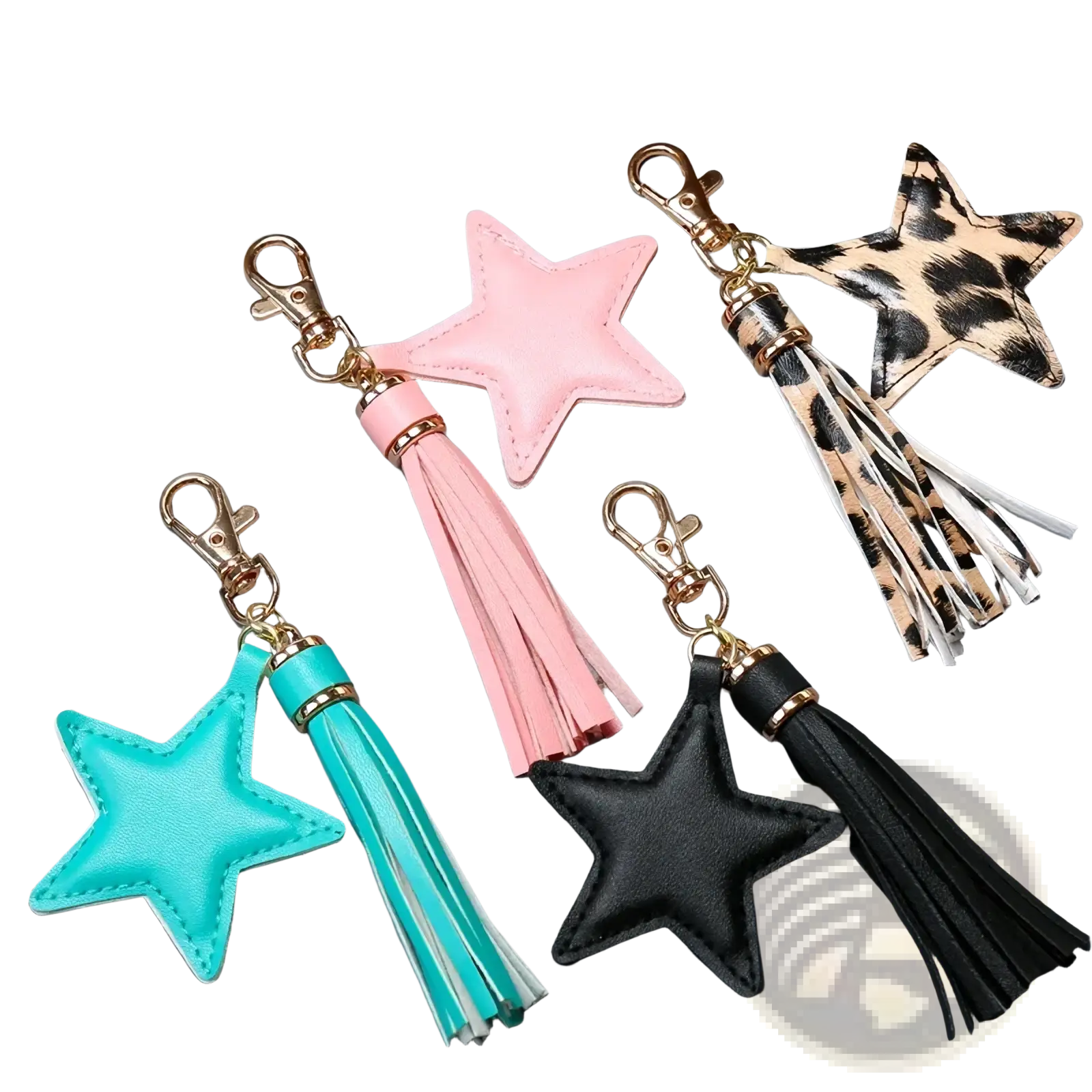 Pink star-shaped leather keychain with matching tassel and gold-tone clasp for women’s accessories