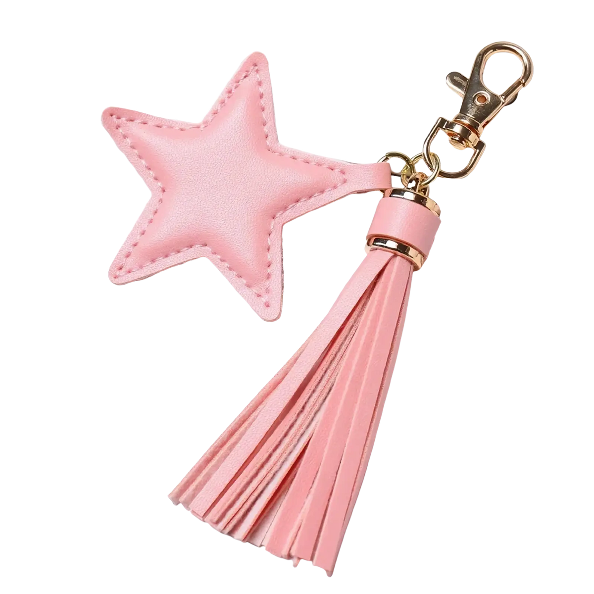 Pink star leather tassel keychain for women with gold-tone metal clasp and matching tassel accessory