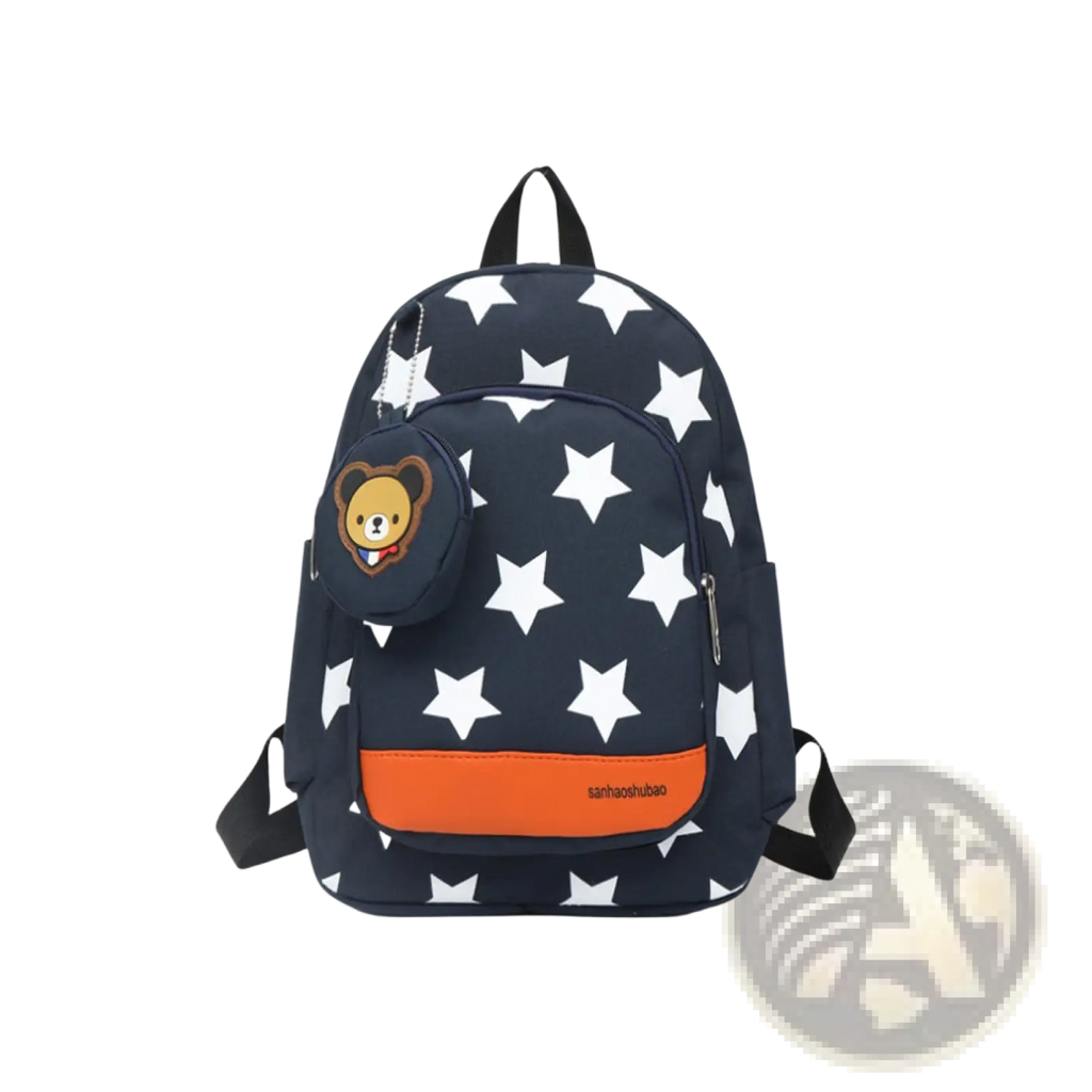 Navy blue star print soccer backpack with bear face patch and orange accent stripe including matching coin purse