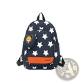 Navy blue star print soccer backpack with bear face patch and orange accent stripe including matching coin purse
