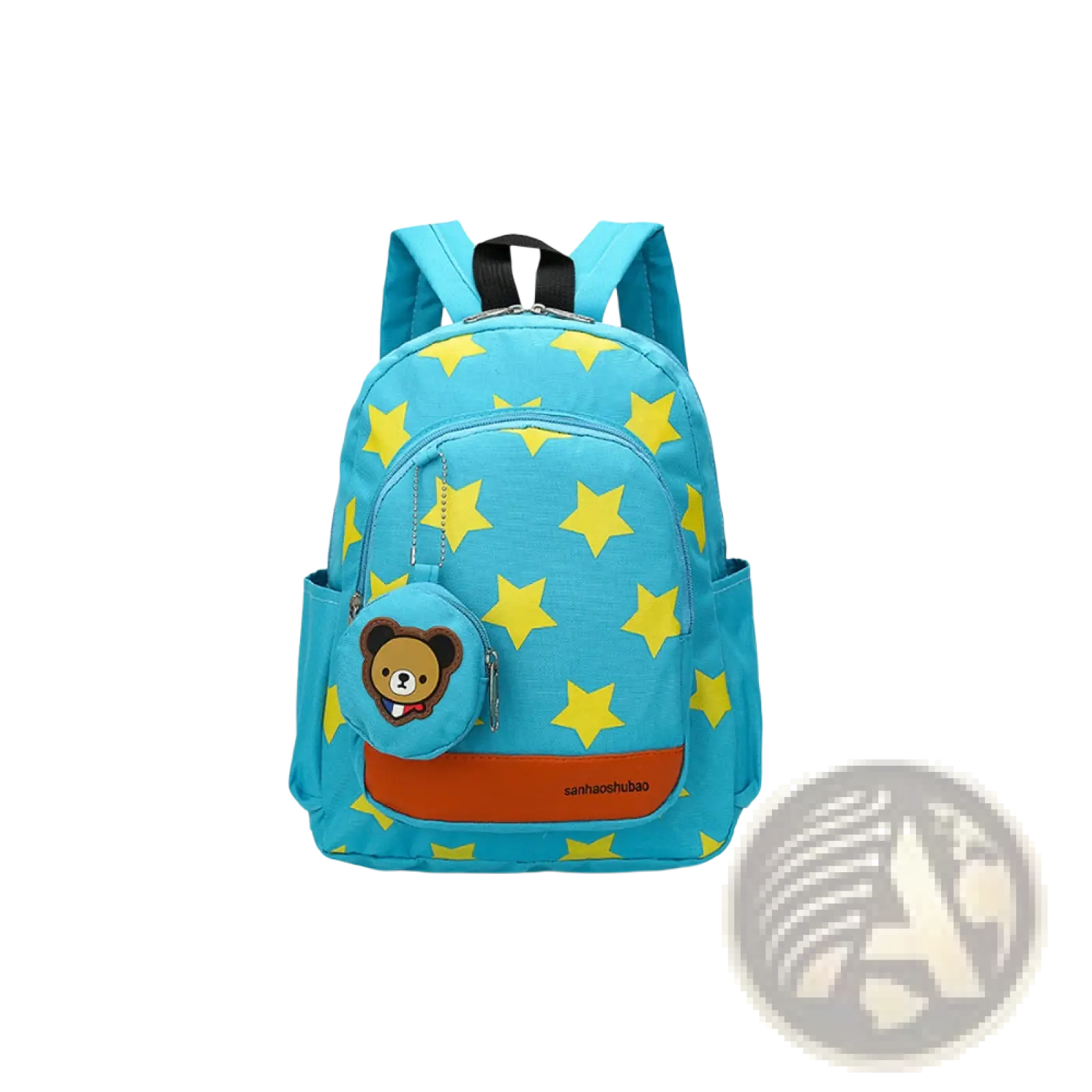 Star print soccer backpack in bright blue with yellow stars and a cute brown bear coin purse on the front pocket