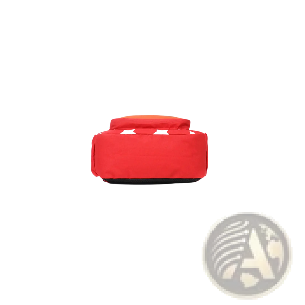 Red star print soccer backpack with black base and white star accents featuring a bear coin purse accessory