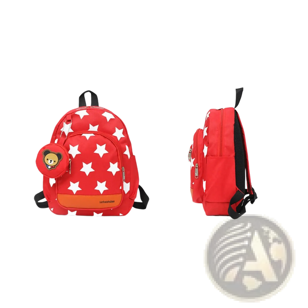 Red star print soccer backpack with white stars and a cute bear face coin purse charm on the side
