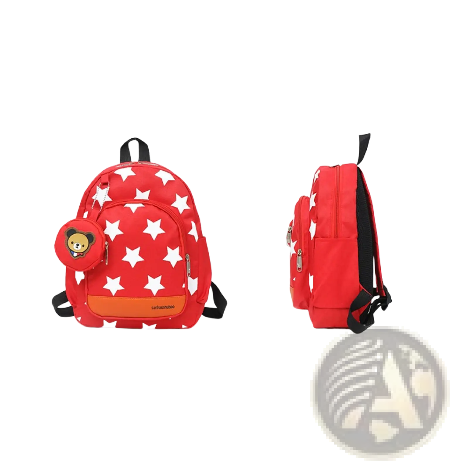 Red star print soccer backpack with white stars and a cute bear face coin purse charm on the side