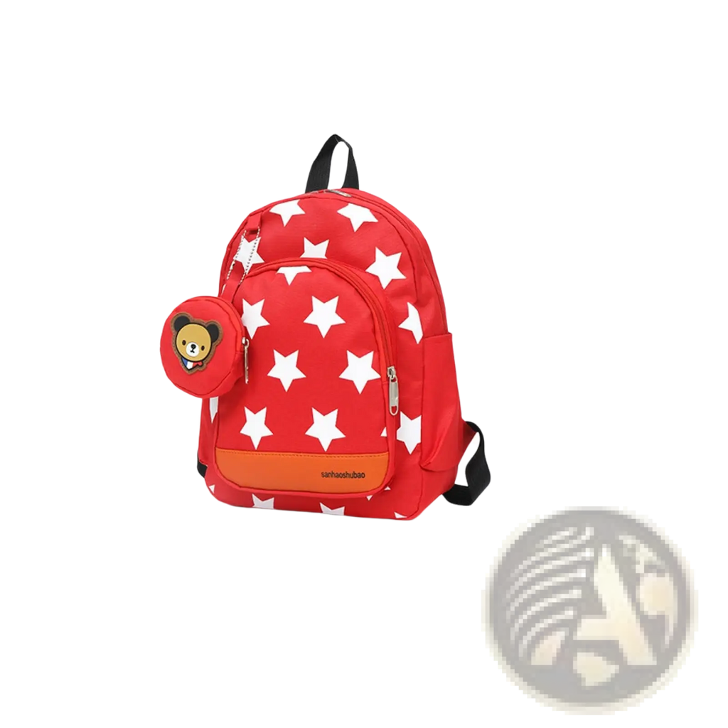 Red star-patterned children’s soccer backpack with orange accent panel and cute bear face coin purse charm