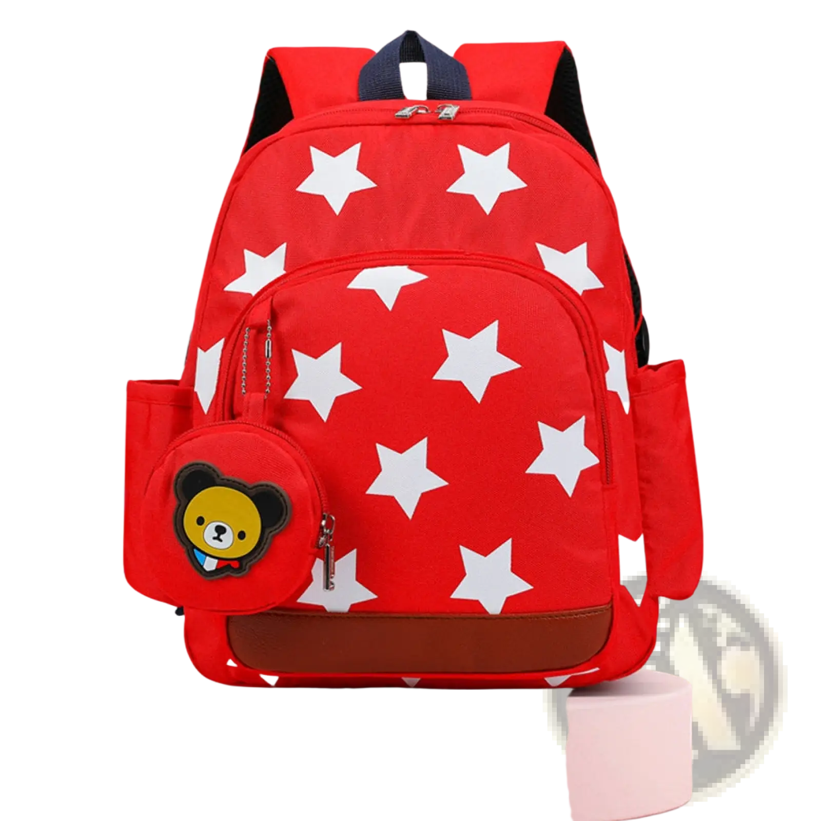 Red star print soccer backpack with yellow bear face patch on side pocket for sports and school use