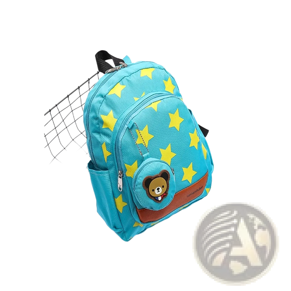 Turquoise star print soccer backpack with yellow stars and a brown bear coin purse patch on the front pocket