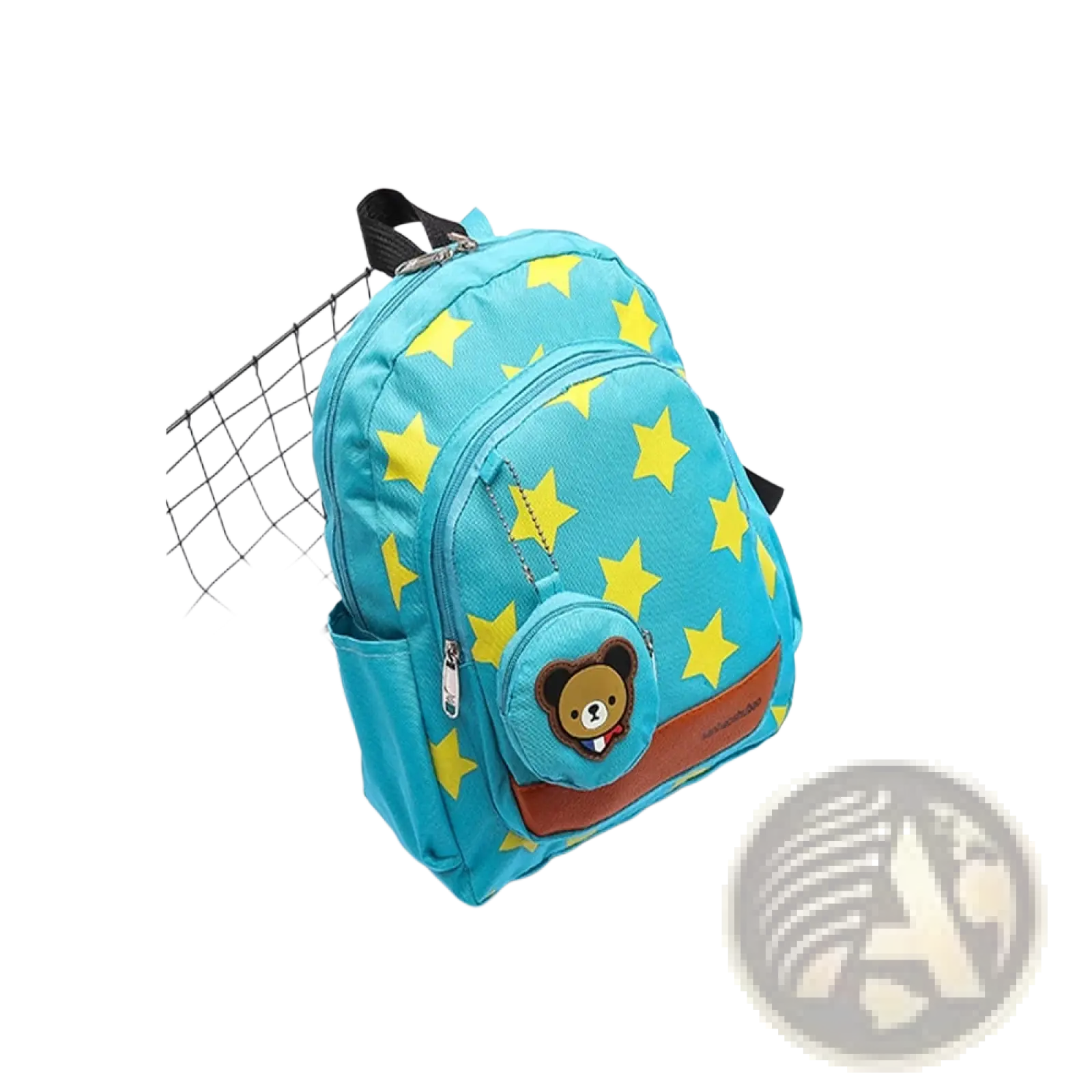 Turquoise star print soccer backpack with yellow stars and a brown bear coin purse patch on the front pocket