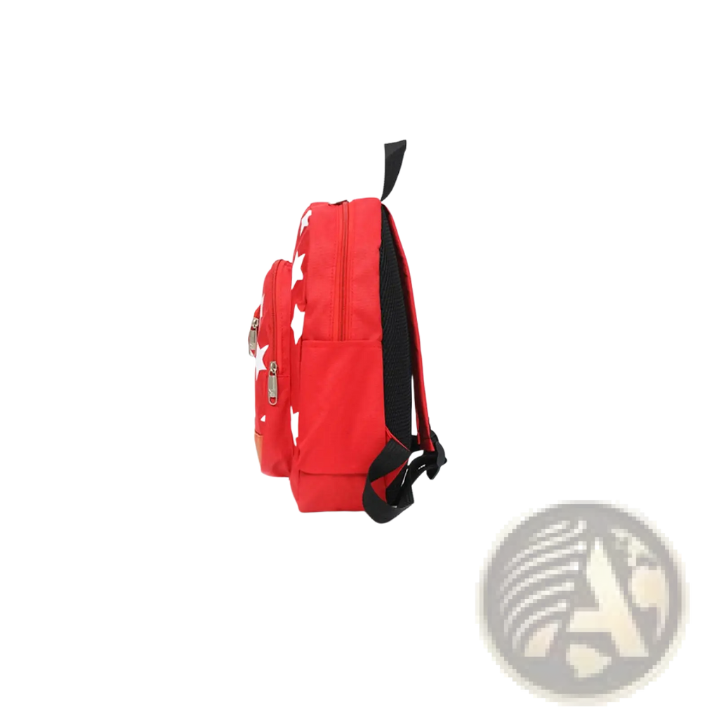 Red children’s backpack with white shark design and black straps featuring star print and bear coin purse accessory