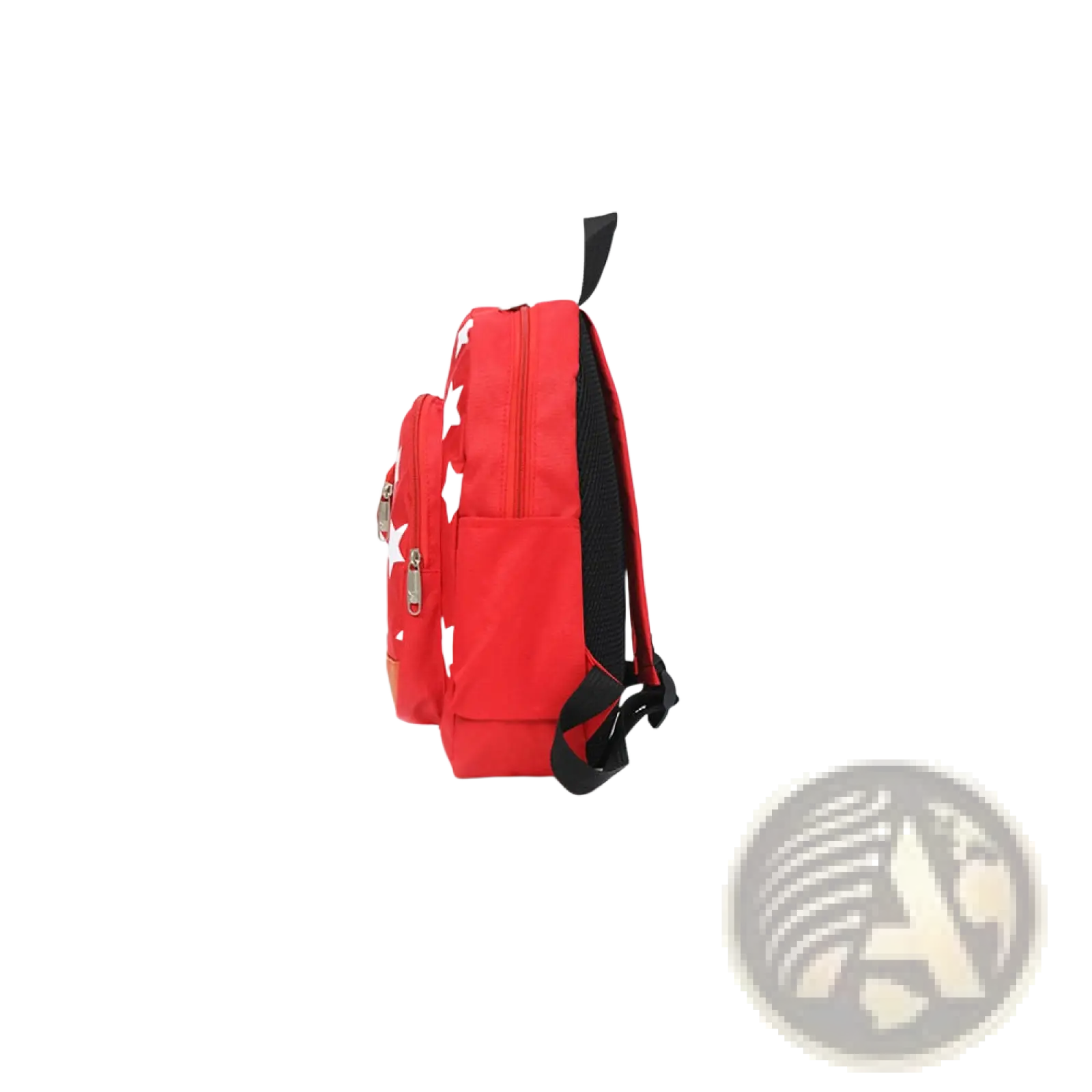 Red children’s backpack with white shark design and black straps featuring star print and bear coin purse accessory