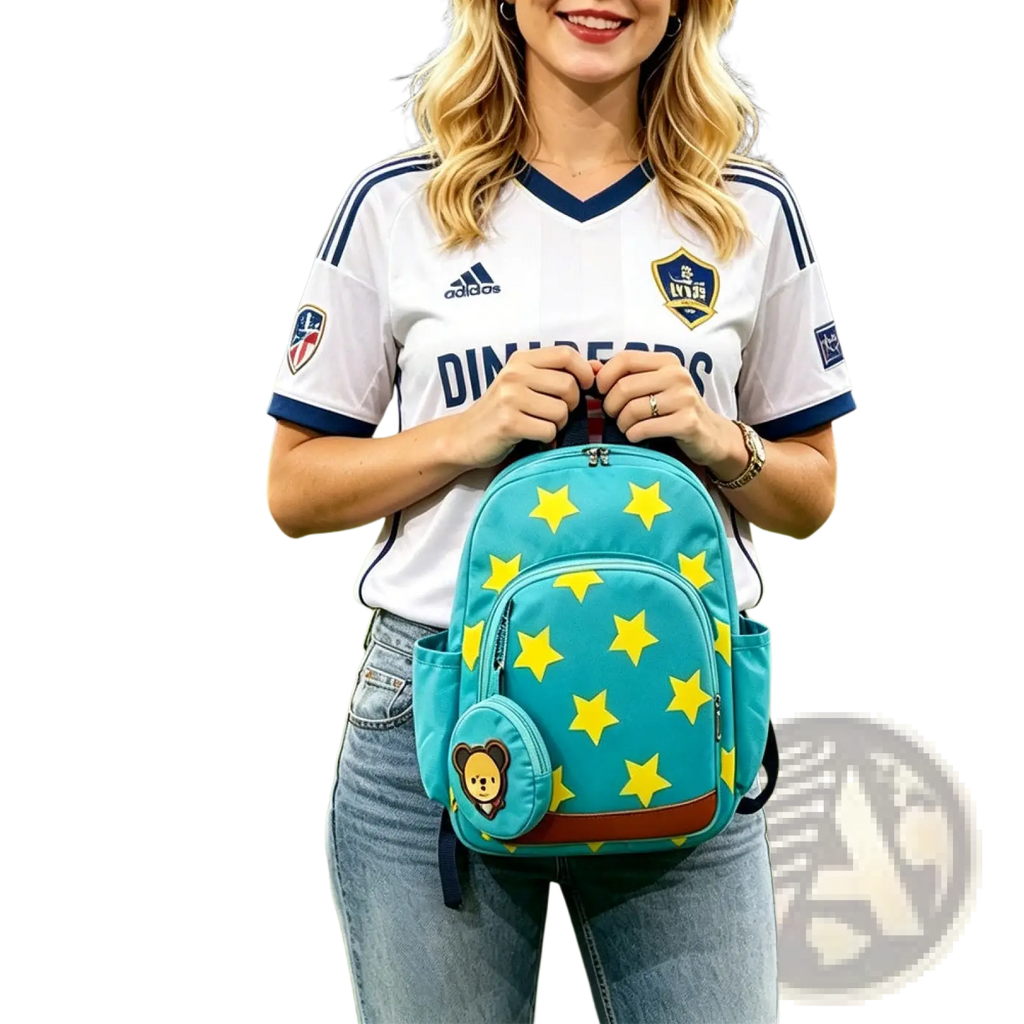 Teal star print soccer backpack with yellow star pattern and attached teddy bear coin purse charm
