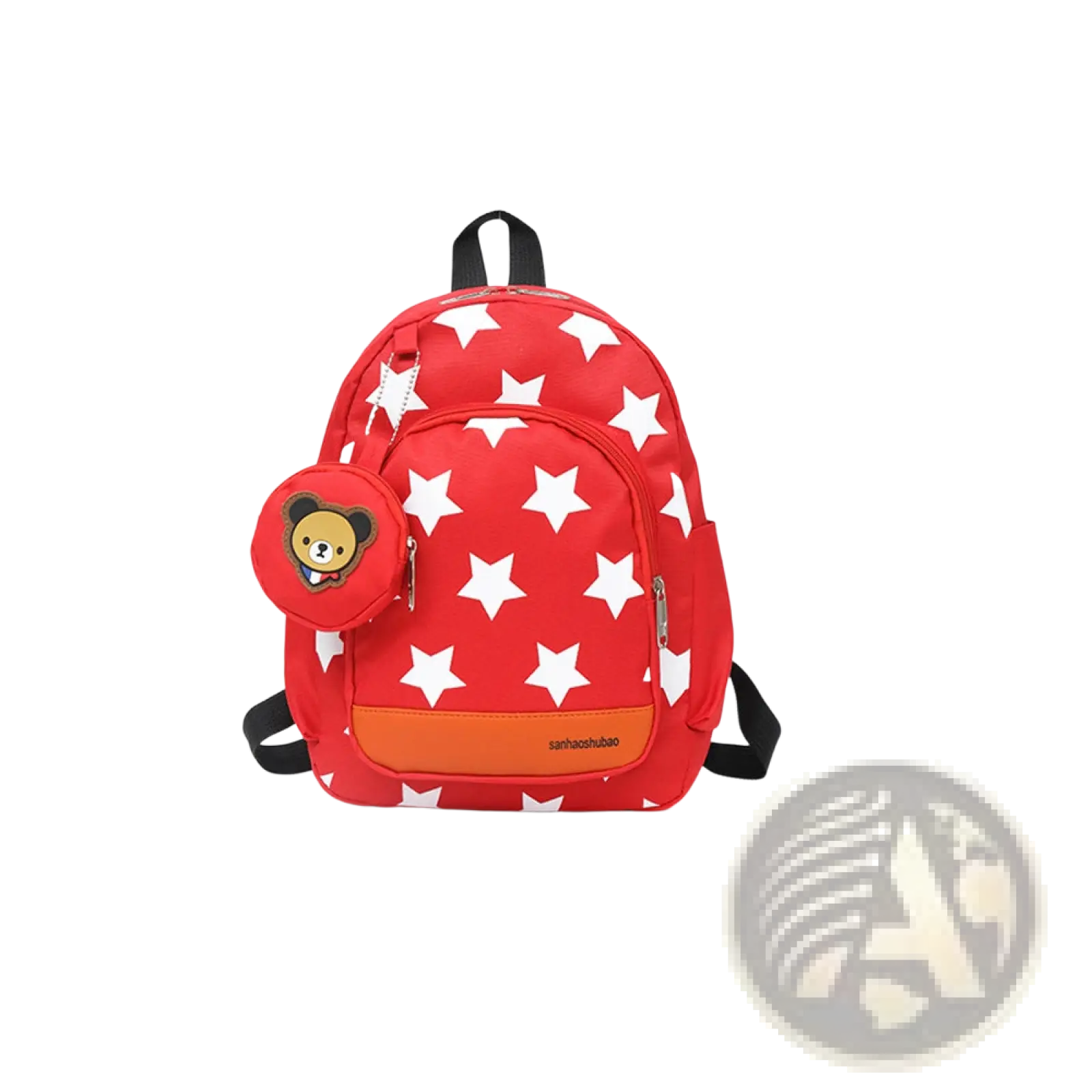 Star print soccer backpack in red with star pattern orange accent panel and bear face coin purse charm