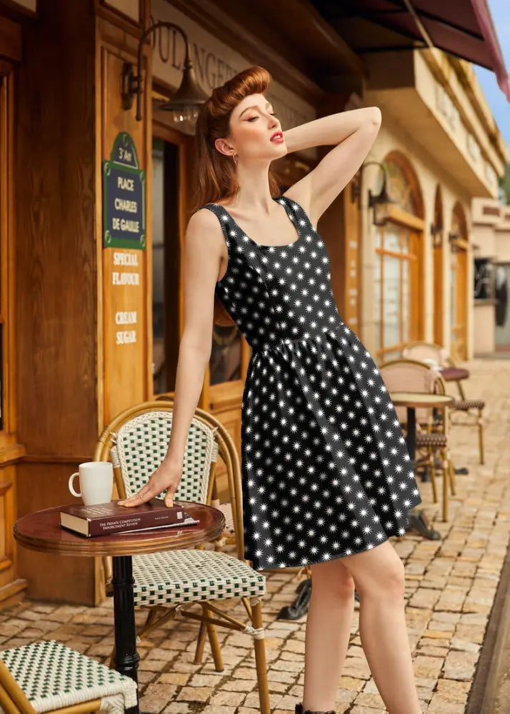 Starburst retro cotton fit and flare dress in black with white polka dots square neckline and flared skirt with pockets
