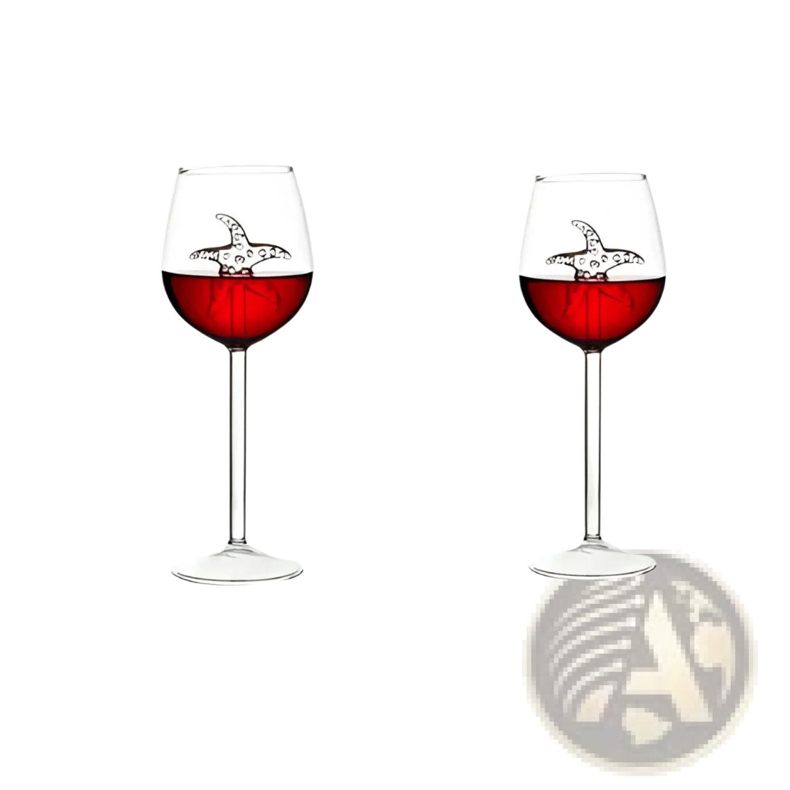 Clear glass starfish sea horse crystal red wine glass 400ml with silver starfish design filled with red wine