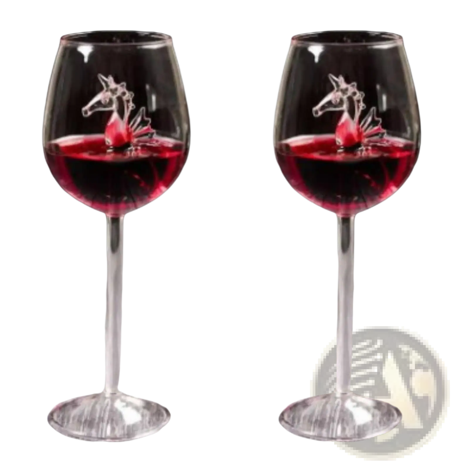 Clear glass Starfish Sea Horse crystal red wine glass 400ml with a translucent unicorn figurine floating in red wine