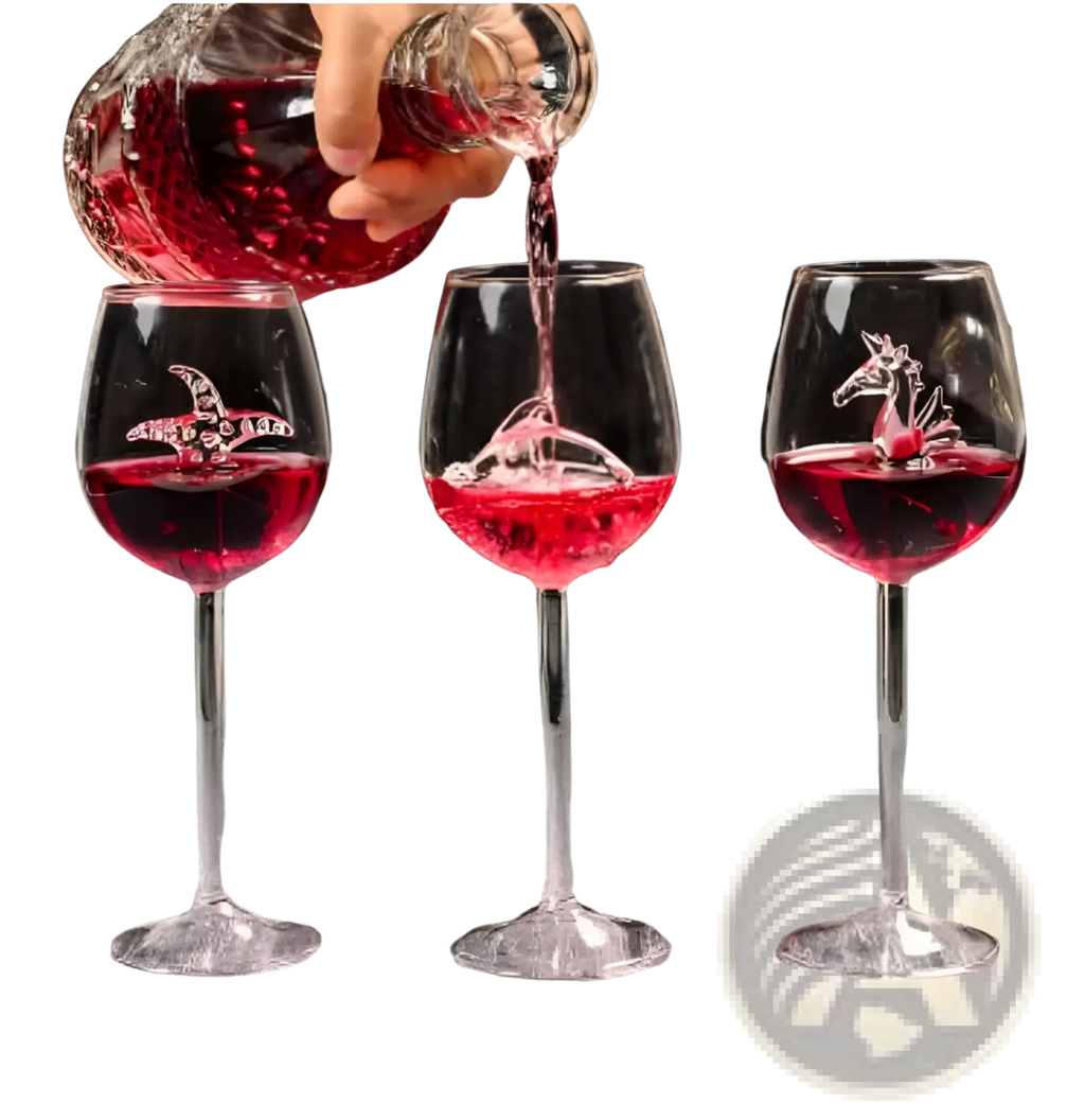 Three clear glass red wine glasses with etched starfish dinosaur and horse designs 400ml crystal material