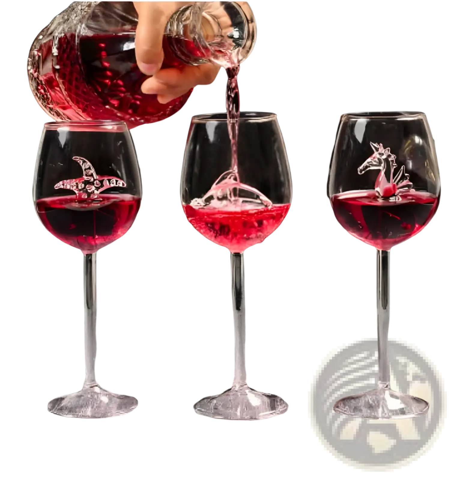 Three clear glass red wine glasses with etched starfish dinosaur and horse designs 400ml crystal material