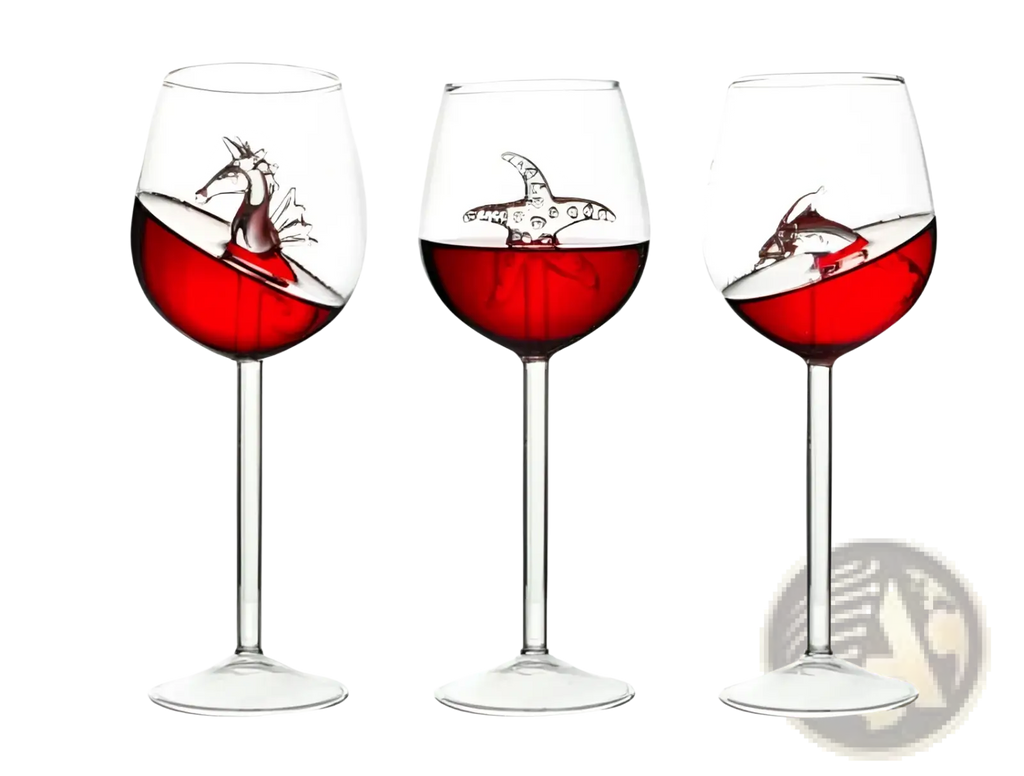 Three clear glass 400ml wine glasses with unique hand-painted red and black animal illustrations for wine use