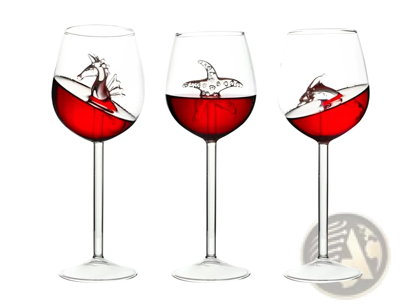 Three clear glass 400ml wine glasses with unique hand-painted red and black animal illustrations for wine use